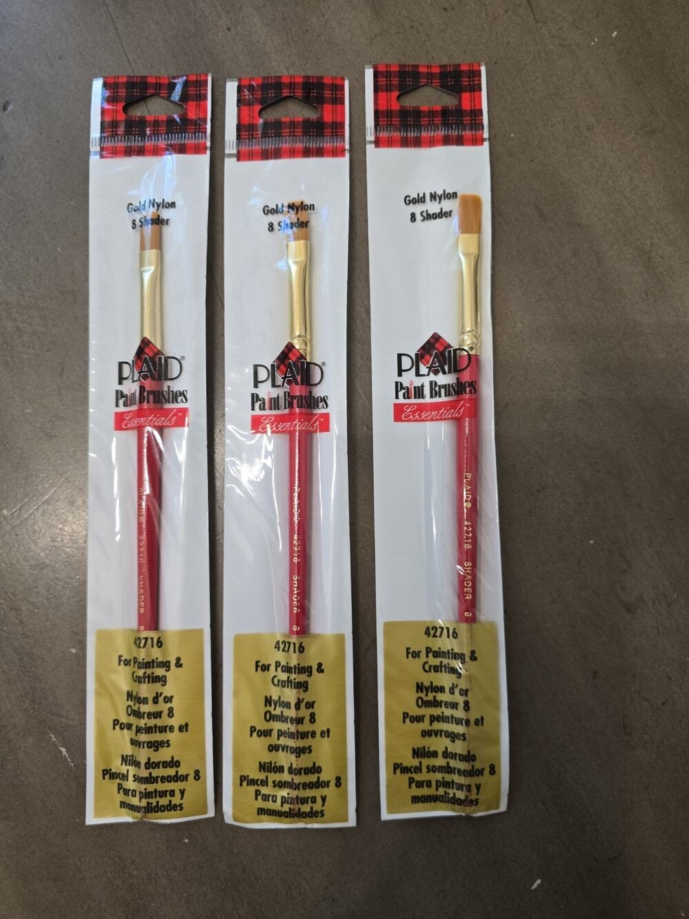 NOS 3 Packs Plaid Essentials Paint Brushes 8 Shader #42716 Gold Nylon Crafts
